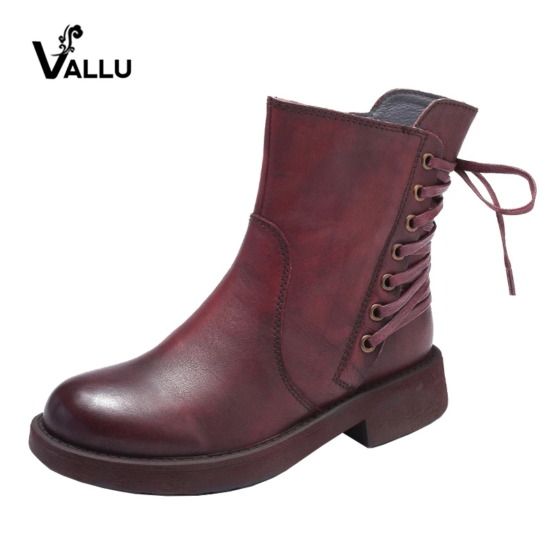 

VALLU 2018 Women Boots Round Toes Genuine Leather Handmade Vintage Women Ankle Boots Casual Martin Boots