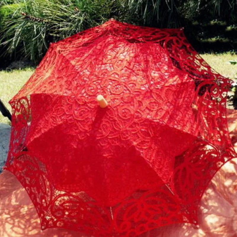 Модный зонт от солнца хлопок вышивка Свадебная зонтик белый цвет слоновой кости Черный Красный Кружева Зонтик Свадебные красивые зонтики
