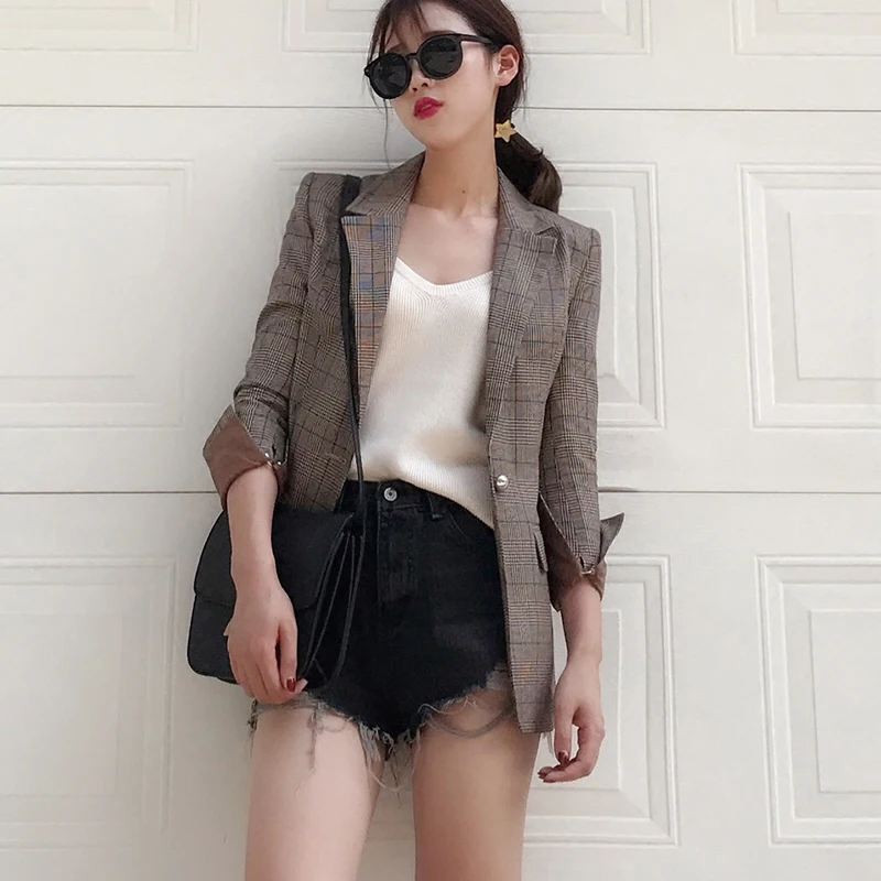 Rétro Long 1 Treillis La Tx Coréenne Paragraphe Carreaux Printemps Mince Féminin Mode Vague De 2018 Veste Casual Nouvelle Petit Costume À zSqzgx1Pw