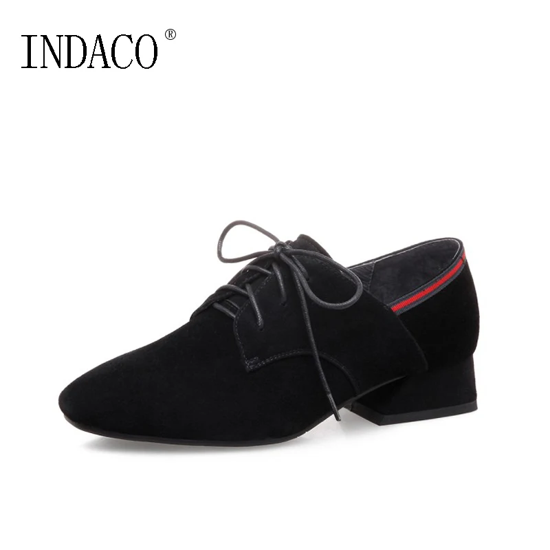 

Women Suede Leather Loafers 2018 Spring New Thick Low Heel Square Toe Casual Shoes Lace Up 3.3cm Black Green