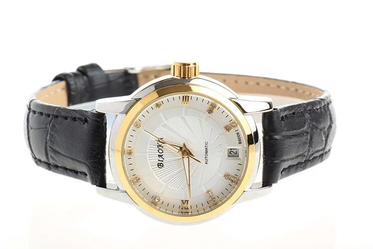 Деловые дизайнерские женские автоматические часы, механические часы с календарем, часы с ремешком из натуральной кожи, аналоговые часы, бренд NW3144 - Цвет: Leather Black White