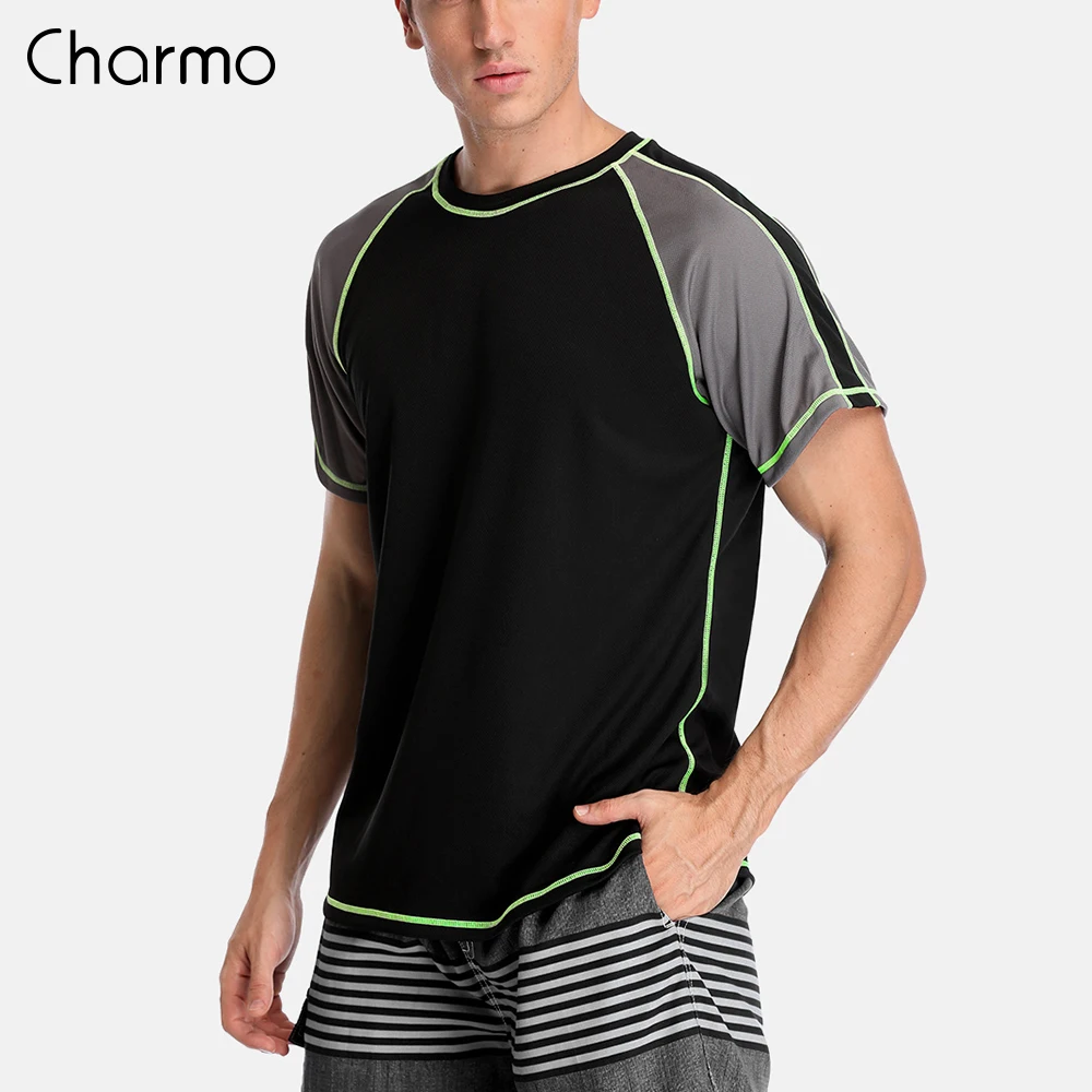 Charmo для мужчин Рашгард сухой Fit короткие рубашки серфинга Дайвинг рубашка УФ