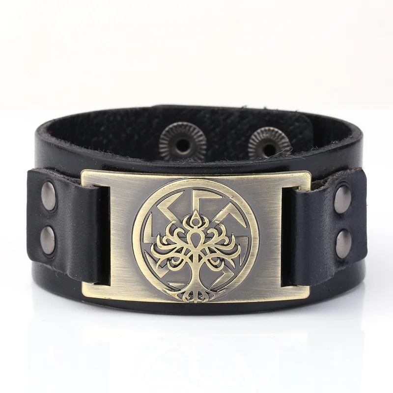 

Viking Slavic Kolovrat Symbol Leather Wristband Bracelet Vintage Tree Of Life Accessories Handmade Bracelets Bangles