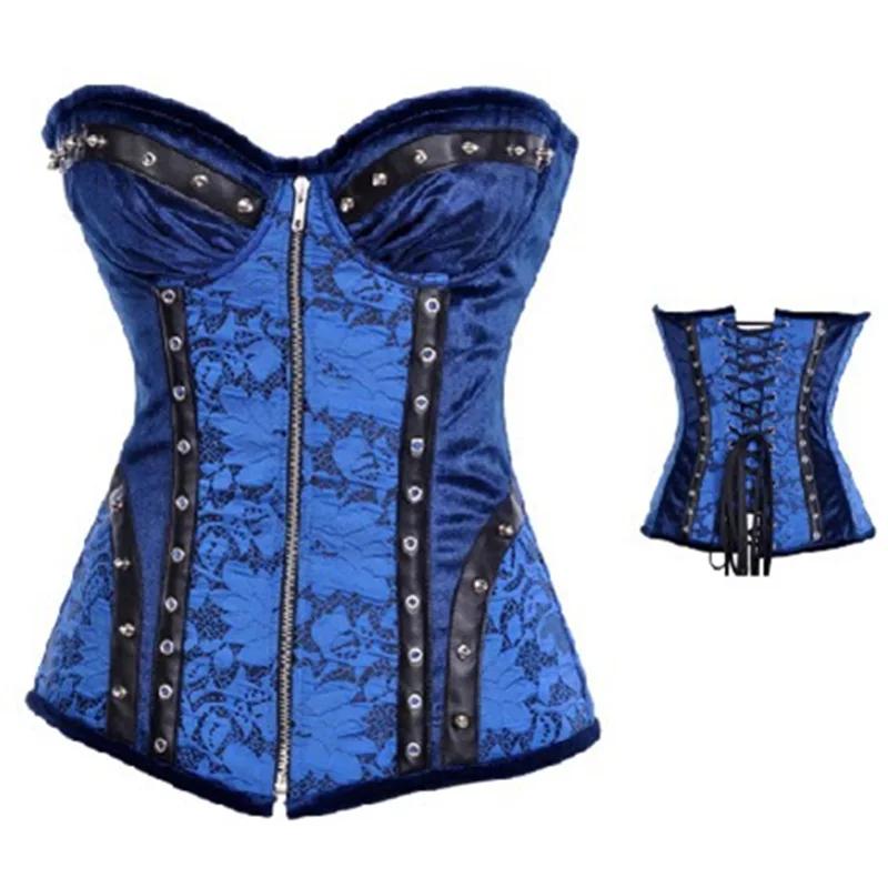 New Zipper Front Plus Size Gothic Floral Sexy Blue Corset Women