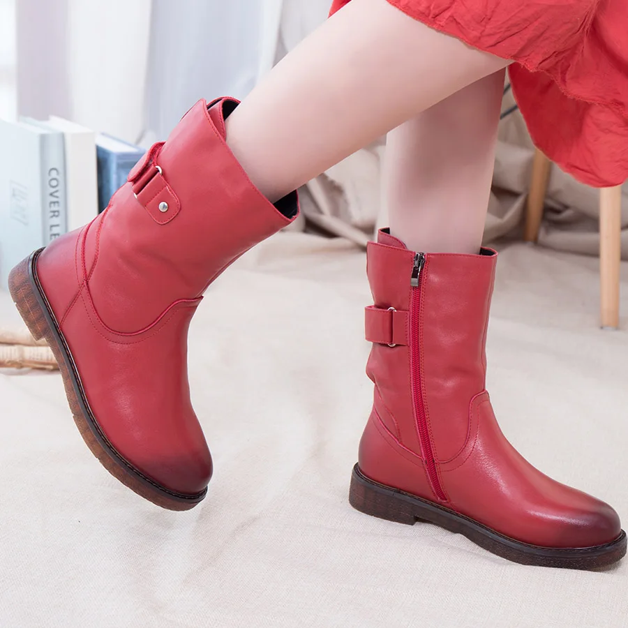 BELISS warm boots winter fur mid calf cow genuine leather 2018 casual comfortable flats boot for women handmad
