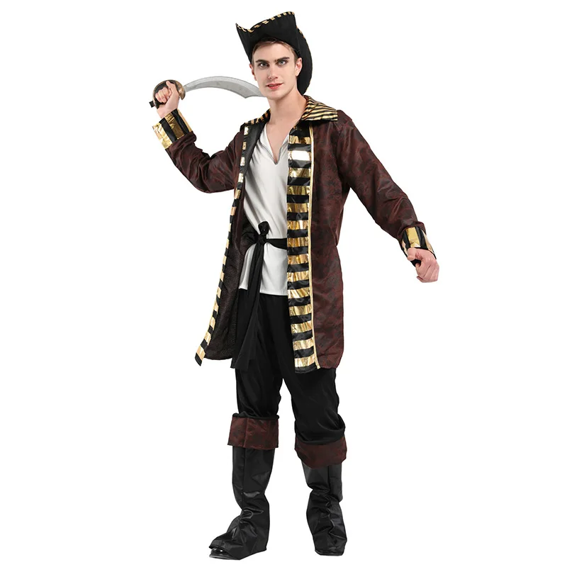 

Fantasia Adulto Men Pirates of the Caribbean Captain Costumes Halloween Purim Party Carnival Cosplay Outfits New