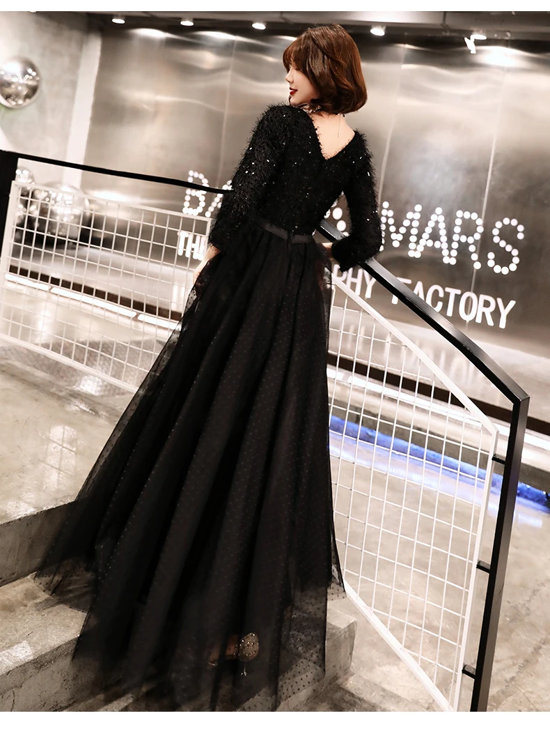 Weiyin, Длинные вечерние платья, черные, женские, элегантные, v-образный вырез, длинный рукав, с блестками, для выпускного вечера, вечерние платья, WY1273