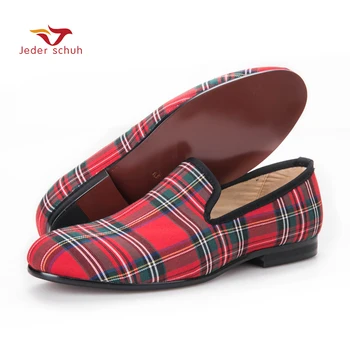 

Scotch plaids Fabric Men shoes Men Red and Blue Casual loafers Men Flats Size US 6-17 Free shipping
