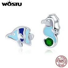 WOSTU, настоящее 925 пробы, серебряные серьги-гвоздики с эмалью в виде морского конька и рыбы для женщин,, модные ювелирные изделия, серебряные серьги с фианитами, подарок CQE433