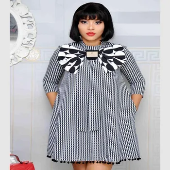 

African Clothes Bow A-Line Dress Women High Quality 2019 Spring Elegant Office Lady Knee Length Plus Size Dress Robe Party