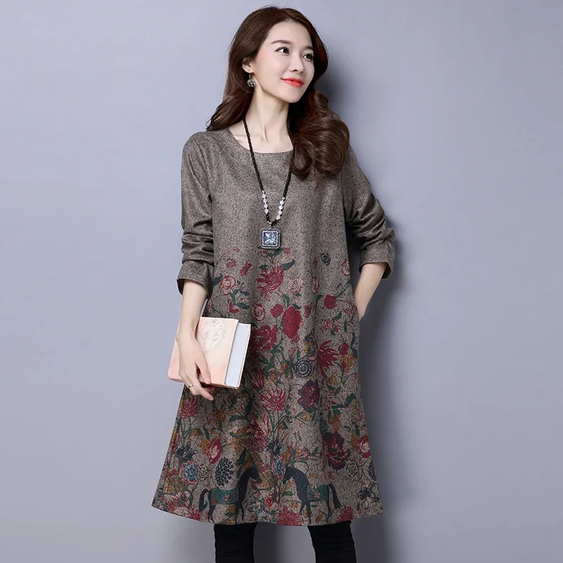 ilstile 2017 Lady Long Sleeve Floral Print O-Neck Midi Dress Plus Size Wool Kaftan National Casual Loose Dress Autumn Winter NEW plus-floral-dress : image ilstile 2017 Lady Long Sleeve Floral Print O-Neck Midi Dress Plus Size Wool Kaftan National Casual Loose Dress Autumn Winter NEW plus-floral-dress