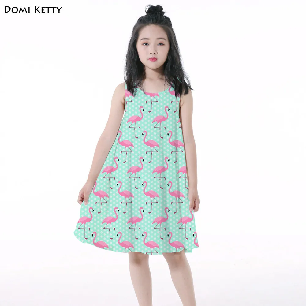 

Domi Ketty kids dress print flamingo dot blue girls princess party sleeveless vest dresses 2018 summer children cartoon clothes