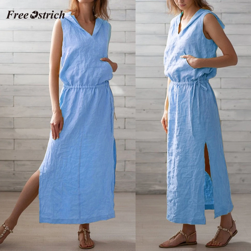 

Free Ostrich Clothes Women Summer Dress long maxi dress beach Casual Cotton Hooded Dress girl split Loose vestidos playeros 74
