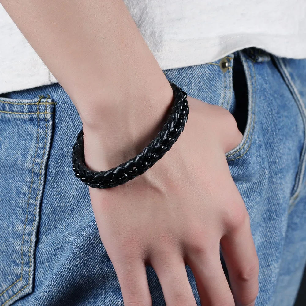 Fate Love Man Personalized Weave Bangle Handmake Black Leather With Chain Bracelet Male Unique Jewelry Gift Drop Shipping FL1142