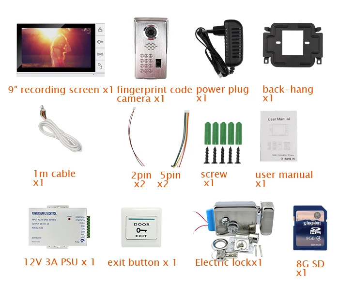 Discount FREE SHIPPING 9" Monitor Record Video Intercom Door Phone System + Waterproof Fingerprint Code Keypad Door Camera Mechanism Lock 13