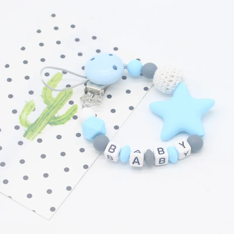 Новая силиконовая Детская Соска-пустышка с зажимом в форме буквы DIY красочная Соска-пустышка с цепочкой для прорезывания зубов для детей жевательная игрушка держатель с зажимом для соски-пустышки - Цвет: Blue