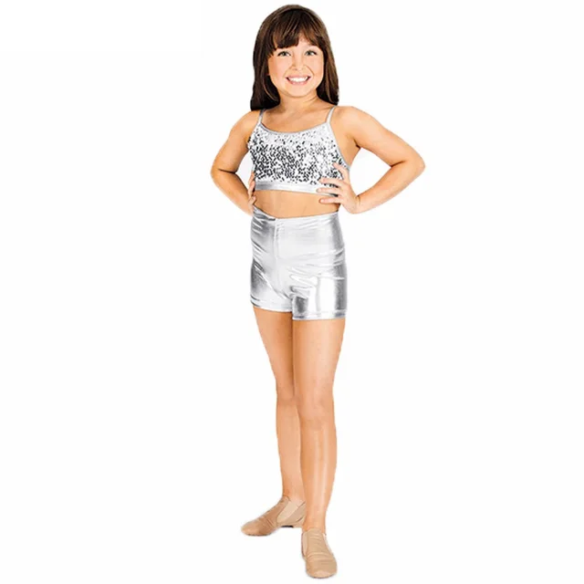 Girls Shiny Metallic ShortsHigh Waist Dance Performance Shorts Black