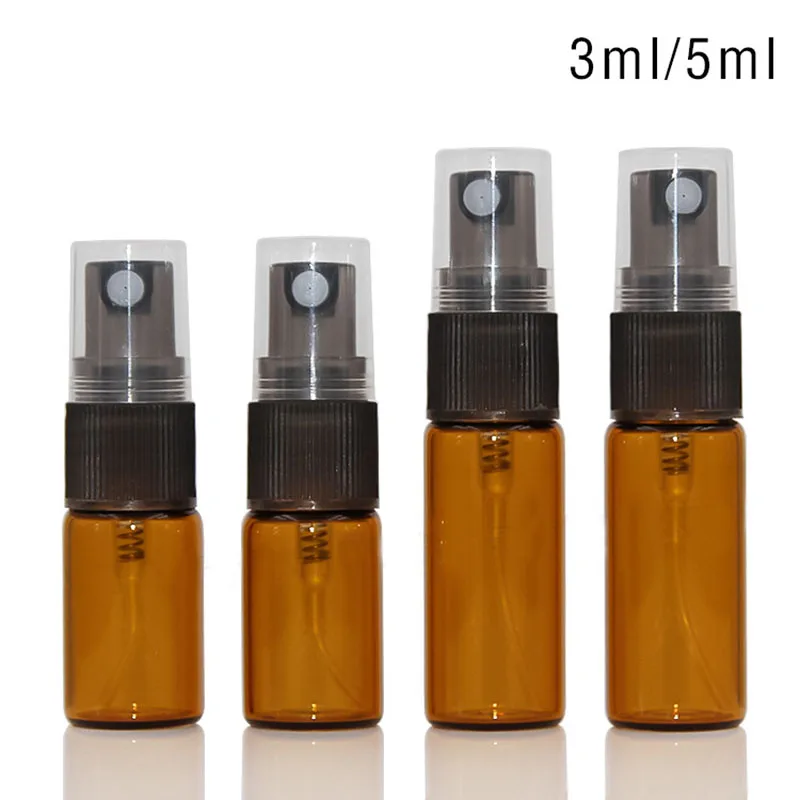 

600pcs/lot Amber Glass Bottle 3ml 5ml 10ml With Black Fine Mist Pump Spray For Essential Oil Perfume Aromatherapy