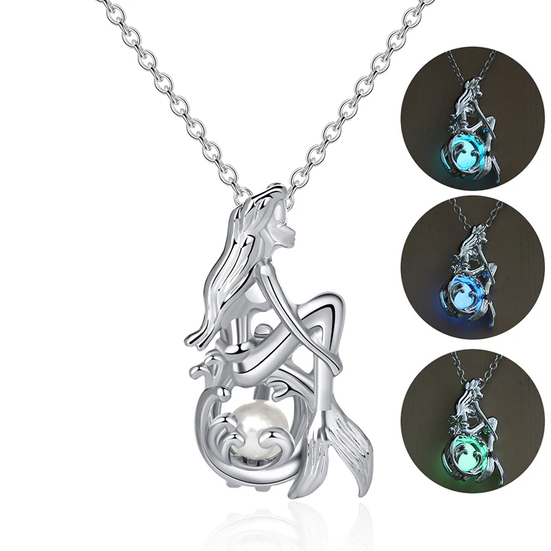 

Glowing Mermaid Women Pendant Necklace 3 Colors Luminous Stone Pendant Jewelry Gift For Women Silver Chain Necklace