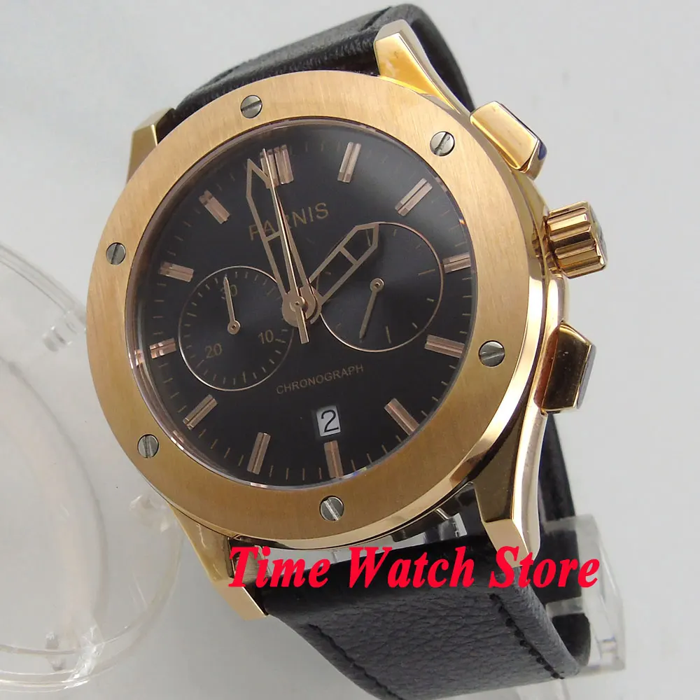 Parnis 43mm Gold case black dial date window luminous Deployant clasp Quartz men's watch men 501