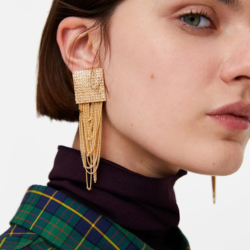 

Miwens Hot ZA Vintage Metal Tassel Earrings For Women Square Crystal Maxi Dangle Drop Earrings Lady Big Chian Statement Jewelry