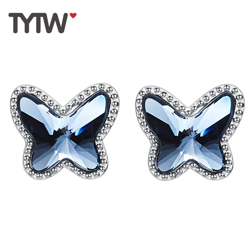 

TYTW 100% 925 Sterling Silver Crystals form Austrian Blue Butterfly Fashion Earrings for Women Jewelry Customize Stud Earring