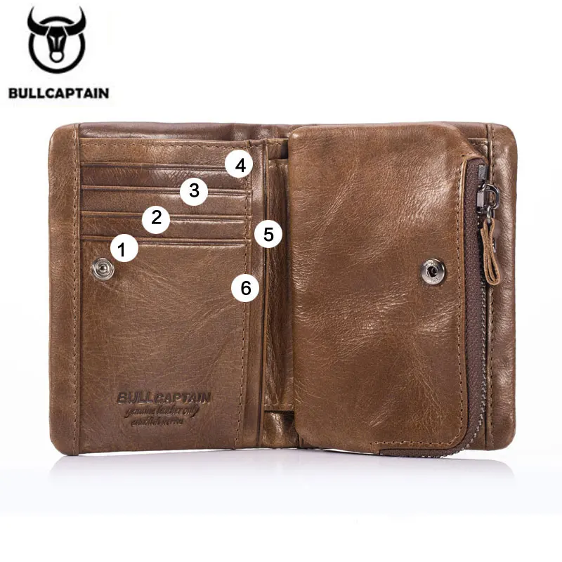 Bullcaptain Cow Genuine Leather Casual Men Short Wallet Coin Pocket Trifold Zipper Male Money Purse Credit Card Holder JYB011 2