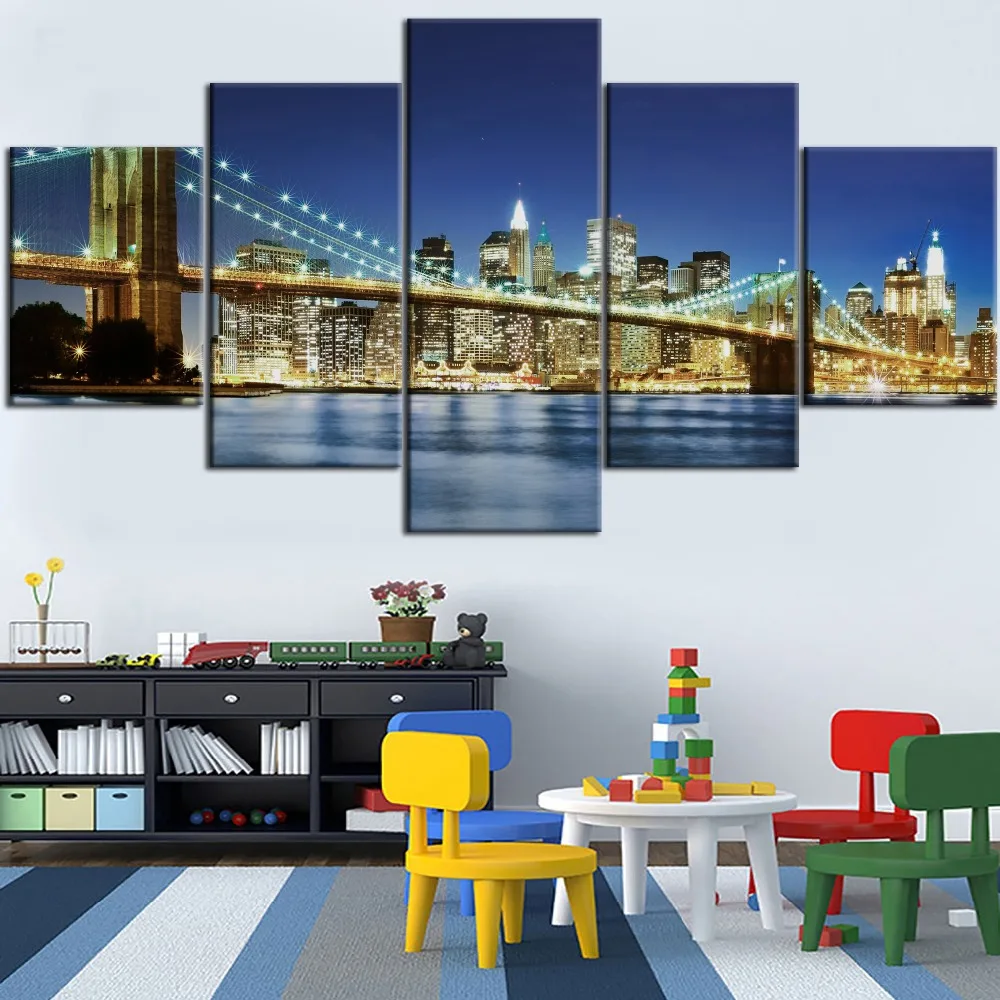 

Hot Sell Framework 5 Pieces HD Printed Painting New York Brooklyn Bridge Type Poster For Modern Decorative Bedroom Living Room