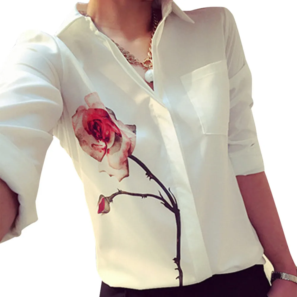2017 супер! Лето-осень Роуз цветок печатных блузка с длинным рукавом Для женщин шифоновая рубашка Повседневная обувь плюс Размеры XXL Женская