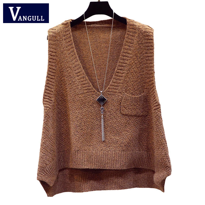 

Vangull Woman Sweater Vest Coat 2019 Spring Korean Style New Women V-neck Sleeveless Loose Short Knitted Wool Sweater Vest