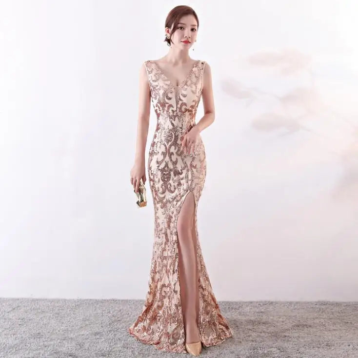 SVKSBEVS сексуальные длинные платья с глубоким v-образным вырезом, расшитые блестками, элегантные вечерние платья макси на молнии с открытой спиной - Цвет: Rose Gold