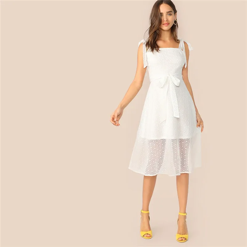 SHEIN летнее платье с кружевным верхним слоем и поясом, Женские Романтические белые вечерние платья без рукавов, однотонное платье средней длины с высокой талией