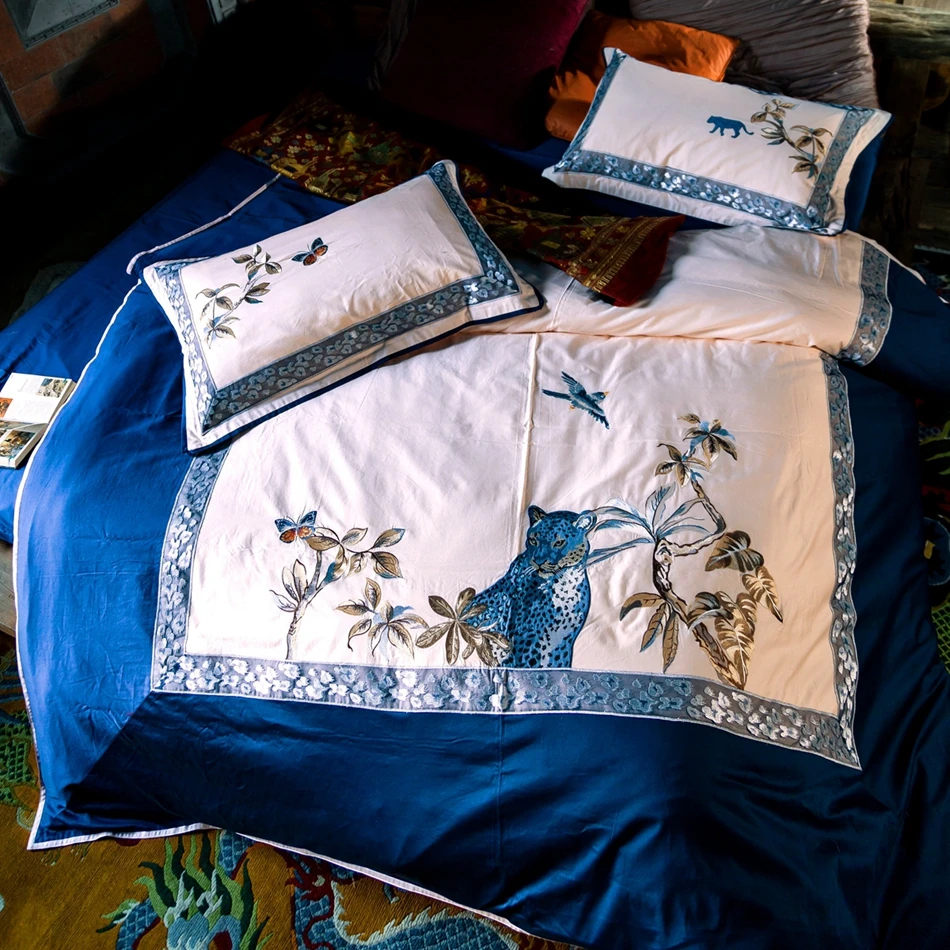 Plants and birds embroidery duvet cover set queen king 100% Egyptian cotton blue quilt cover/luxury satin bed sheets/pillow case