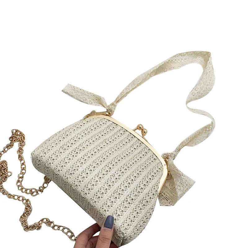 Beige Женская пляжная соломенная сумка с бантом из мешковины, квадратная пляжная сумка-мессенджер с бантом, женская сумка через плечо, летняя корзина из ротанга - Цвет: Beige