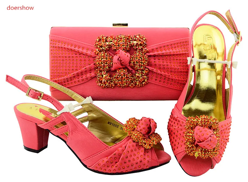 

doershow coralShoes and Bag Sets for Women Matching Italian Shoe and Bag Set Decorated with stones Nigerian Women Wedding HVP1-9