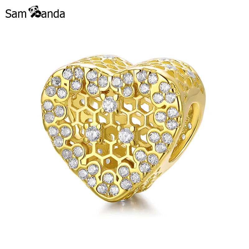 

New Authentic 925 Sterling Silver Charm Bead Clear Crystal Golden Color Charms Fit Pandora Bracelets & Bangles Women DIY Jewelry