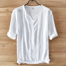 Повседневная льняная рубашка с коротким рукавом и v-образным вырезом, свободная Мужская рубашка, летняя брендовая одежда, мужские льняные повседневные белые мужские рубашки camisa 3XL