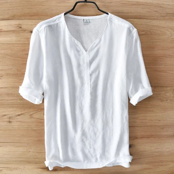 

Casual Flax Half Sleeve Shirt V-Neck Loose Men's shirt Summer brand-clothing shirts men linen casual white men shirts camisa 3XL