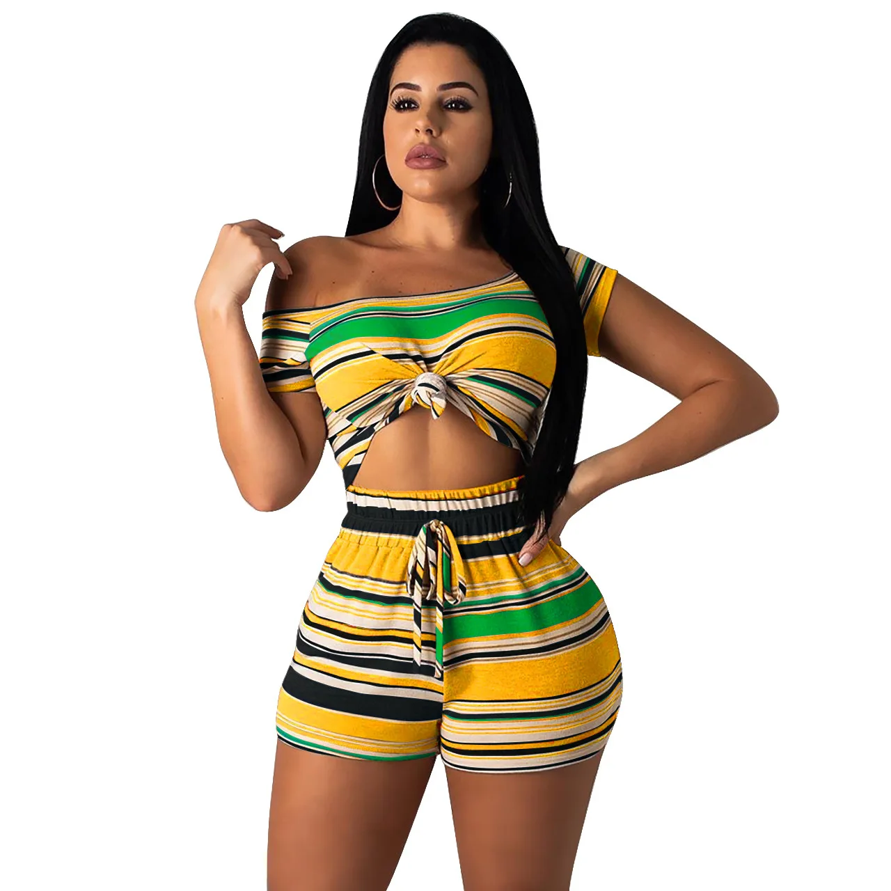 

2019 Summer 2 Two Pieces Sets High Elastic Skinny Sexy Short Sleeve Off One Shoulder Crop Tops + Shorts Club Party Suit Outfits