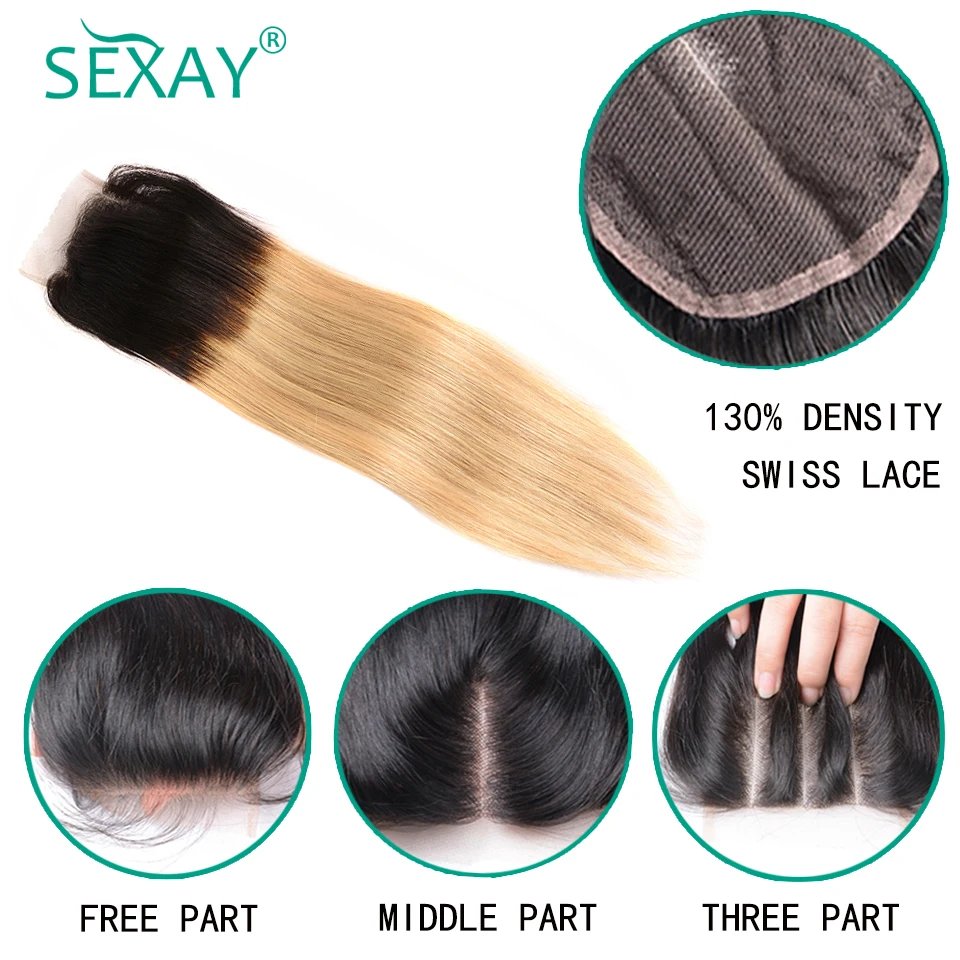 SEXAY Blonde Human Hair Bundles With Closure 3 Bundles With Lace Closure Dark Roots T1B/27 Ombre Blonde Peruvian Straight Hair