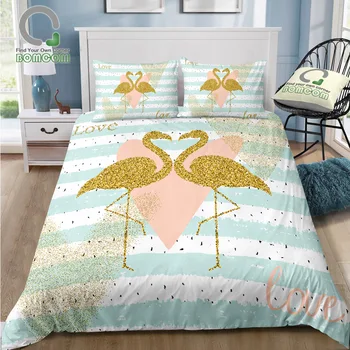 

BOMCOM 3D Digital Printing Bedding Set Gold Glitter Flamingo Couple Hearts on striped 3-Piece Duvet Cover Sets 100% Microfiber