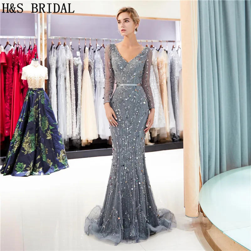 

H&S BRIDAL V-Neck Long Sleeve Evening Gown Mermaid Crystal Beading Dress vestido Sexy Luxurious Prom Dresses 2019 robe de soiree