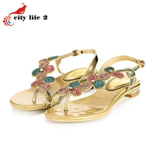 Large Size Rhinestone Flat Shoes New 2016 Summer Sandals font b Women b font Leather Thick