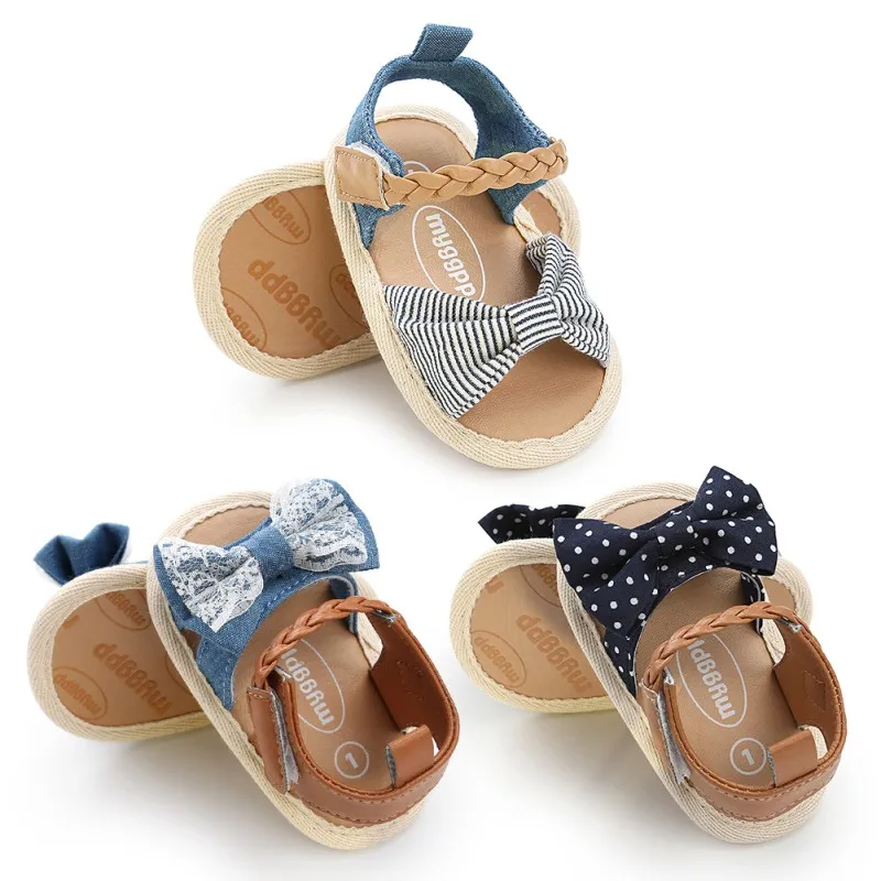 Сандалии для девочек; летняя обувь для маленьких девочек; джинсовые хлопковые босоножки в горошек с бантом для маленьких девочек; обувь для новорожденных; пляжные сандалии Playtoday