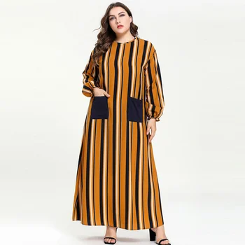 

Islamic Abaya Ramadan Daftan O Neck Loose Style Plus Size Muslim Dress in Dubai Turkish Clothing Stripe Pockets Patch Robe 4XL