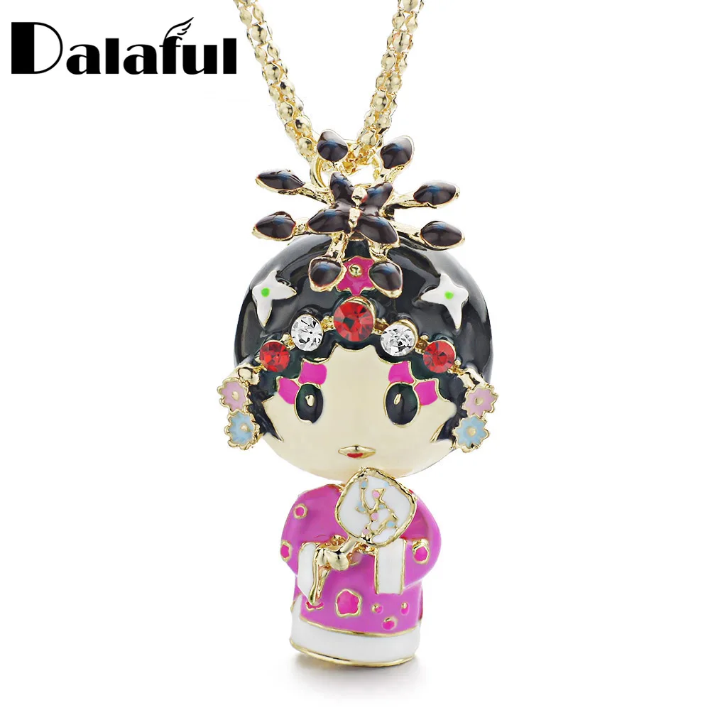 

Enamel Beijing Peking Opera Ethnic Doll Necklace Chinese Wind Crystal Long Necklaces Pendants For Women Gift X612