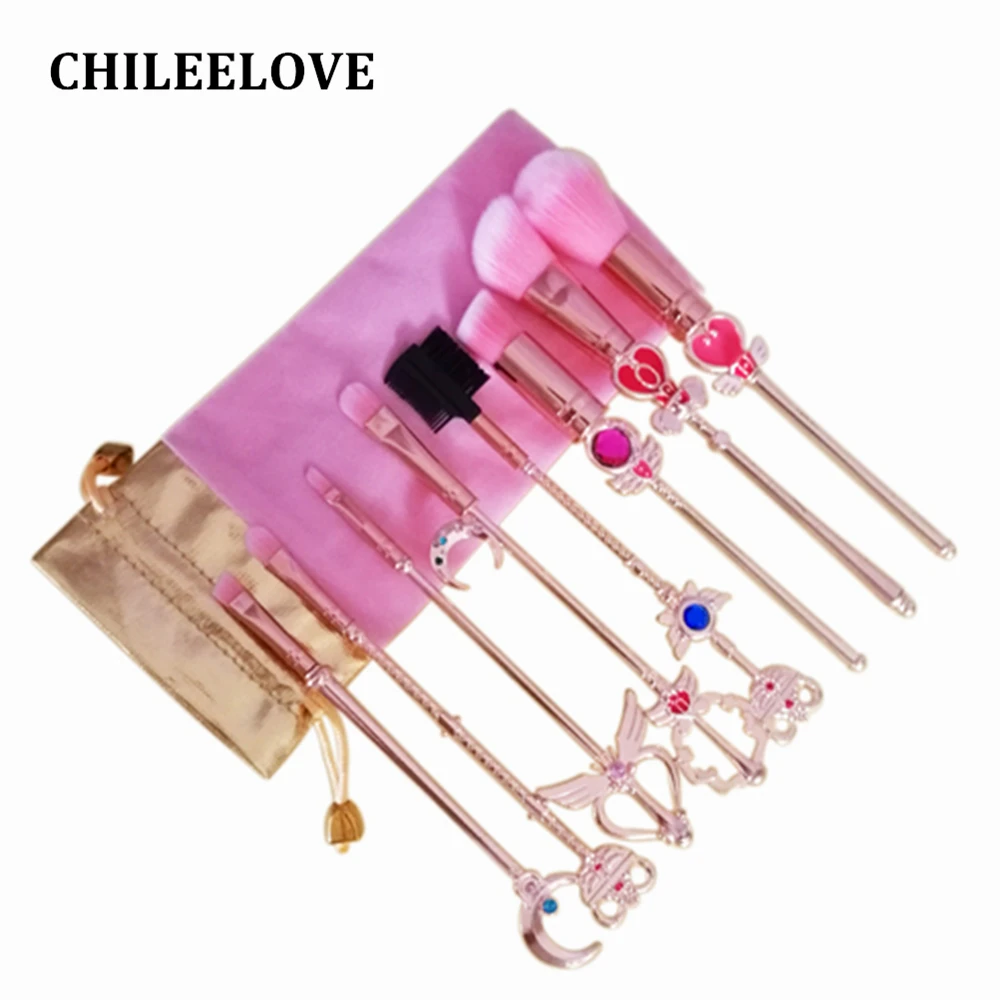 CHILEELOVE 8 Pieces Sakura Sailor Moon Makeup Brushes Kit Beauty For Eye Face Make Up Tool Metal Material with Velvet Bag