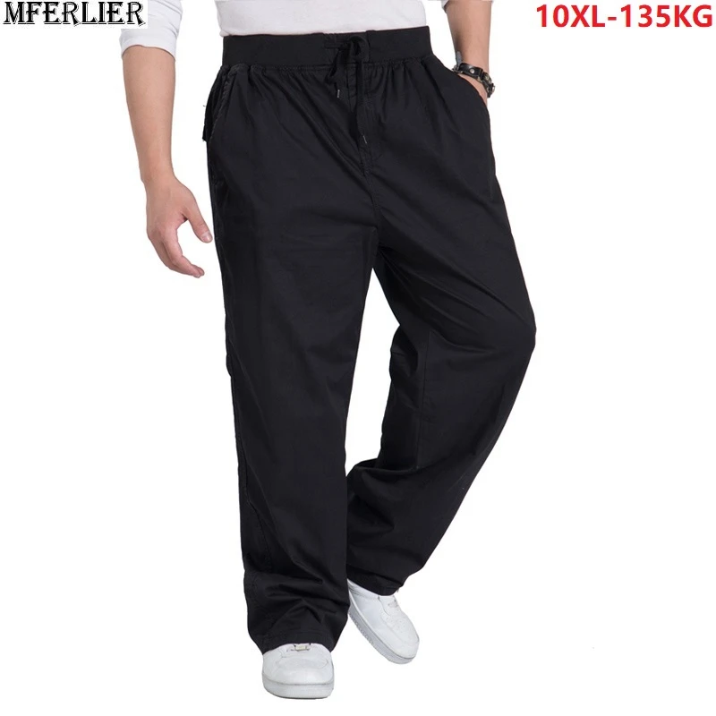 spring summer Men black cargo pants simple plus size big 8XL 9XL 10XL Elastic waist Stretch trousers casual cotton pants loose