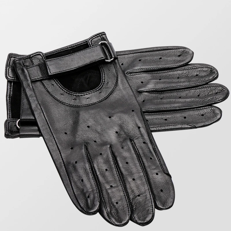 Black Sheepskin Gloves Male Driving Non-Slip Thin Breathable Holes Spring Summer Unlined Man's Genuine Leather Gloves TU0710