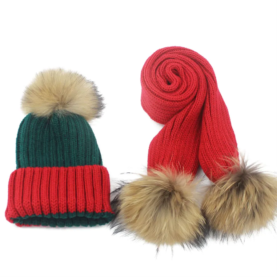 Для детей возрастом от 1 года до 8 лет, зимние теплые толстые вязаные шапки и шарфы, шапка с помпонами из натурального меха, шарф, комплект для детей